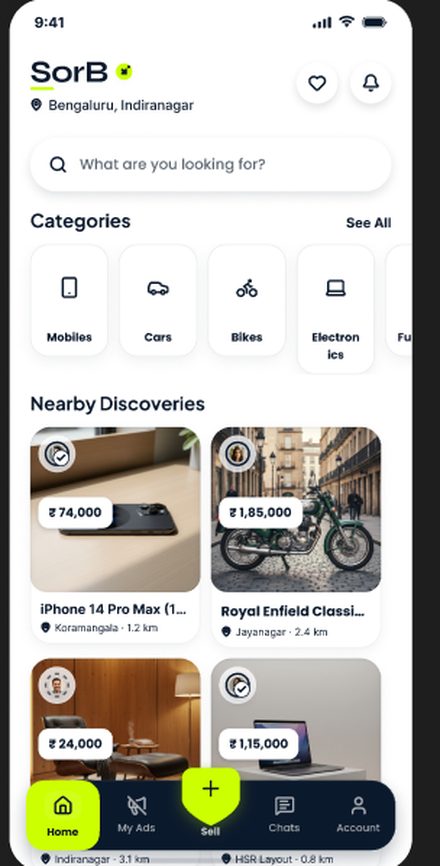SorB app Home screen showing nearby listings and categories