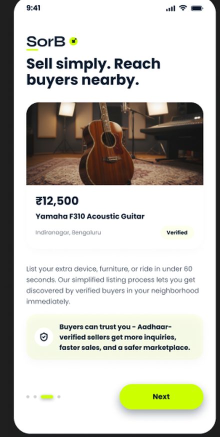 SorB app Listing Detail screen with price and verified badge