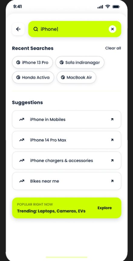 SorB app Search screen with recent searches and suggestions